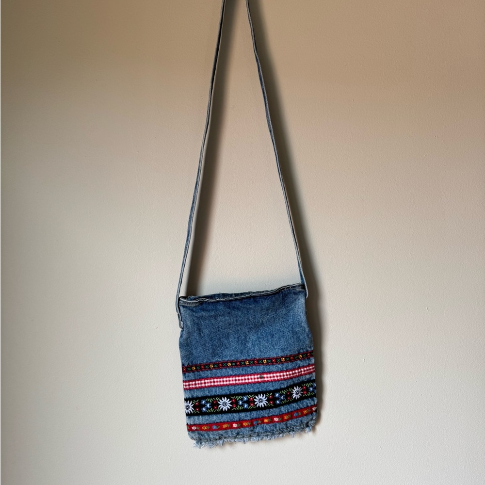Vintage Y2K Denim Floral Embroidered Crossbody Bag